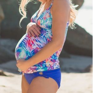 Multi-Color Palm Wrap Front Maternity Tankini Top